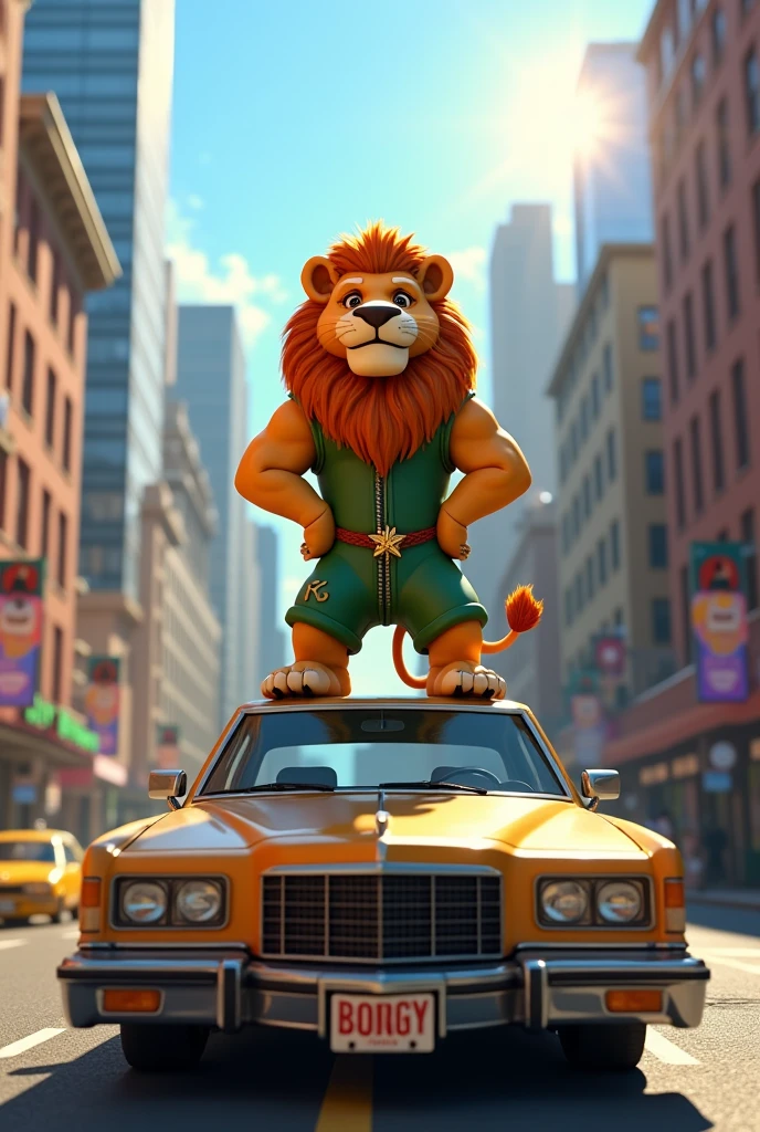 3D animated lion posing on top of a car in New York dressed in green with a hip hop style 