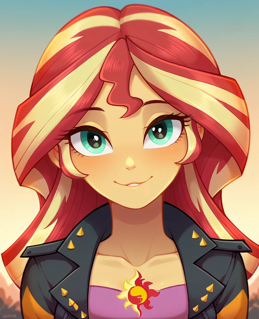 Sunset Shimmer de Equestria Girls, looking at the viewer with half of the faces, Sunset, Oceanfront, by the wide, pretty eyes, beautiful face, whole body, de pie con el whole body,