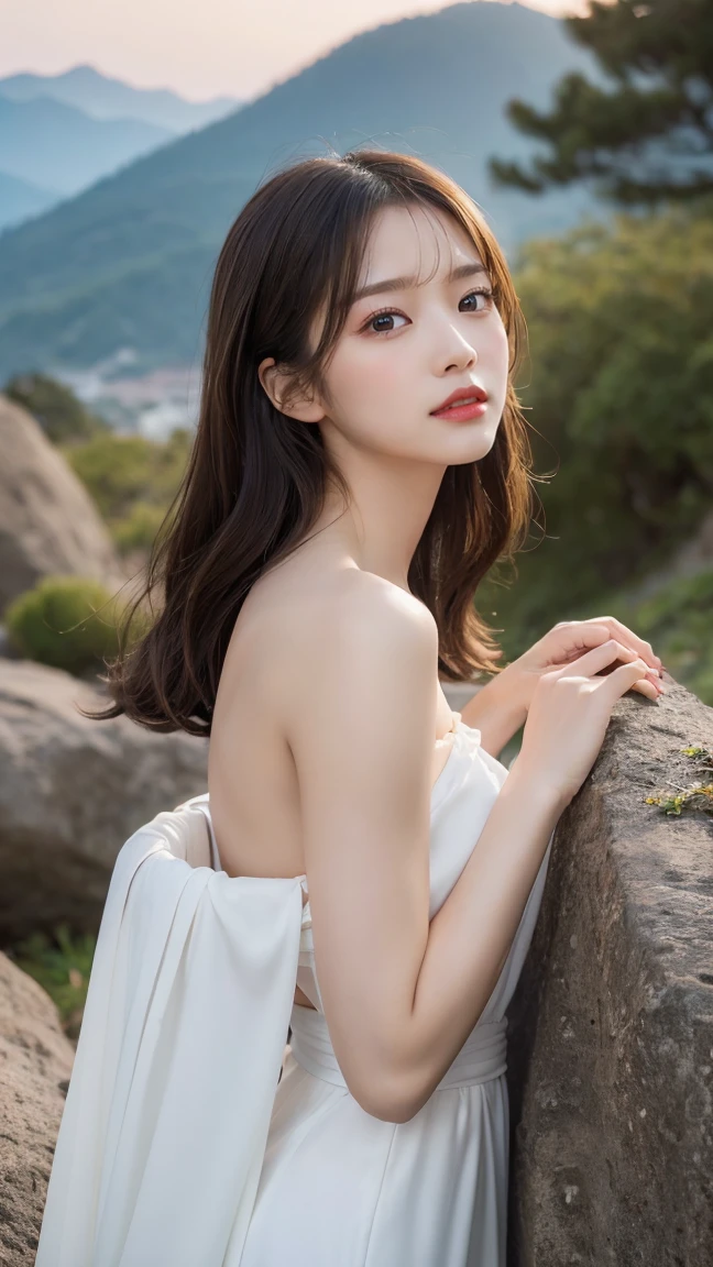 hanfu-song, hanfu, Song Theme, Bandeau style, Pipe top, ((bare shoulders)), ((whole body)), actual, Fashion girl, red lips, adult, cosmetics, big eyes, fair eyes, ((whole body)), ((from below)), (best quality, masterpiece:1.2), super detailed, (actual:1.37), ((Sexy long legs)), fair, young and energetic, Charming model with (exquisite eyes, delicate lips, extremely exquisite eyes), Show a bright smile, Create stunning girl images, Warm colors, Extremely high color saturation, official art, Extremely detailed CG unified 8K wallpaper,(high dynamic range :1.4), (cinematic),(pastel colors, The color is dull, soothing tone :1.3), (natural skin texture, ultra-actual, soft light, sharp),(Very detailed), night, moonlight, ((in mountains, plant, Leaning against the rocks))

