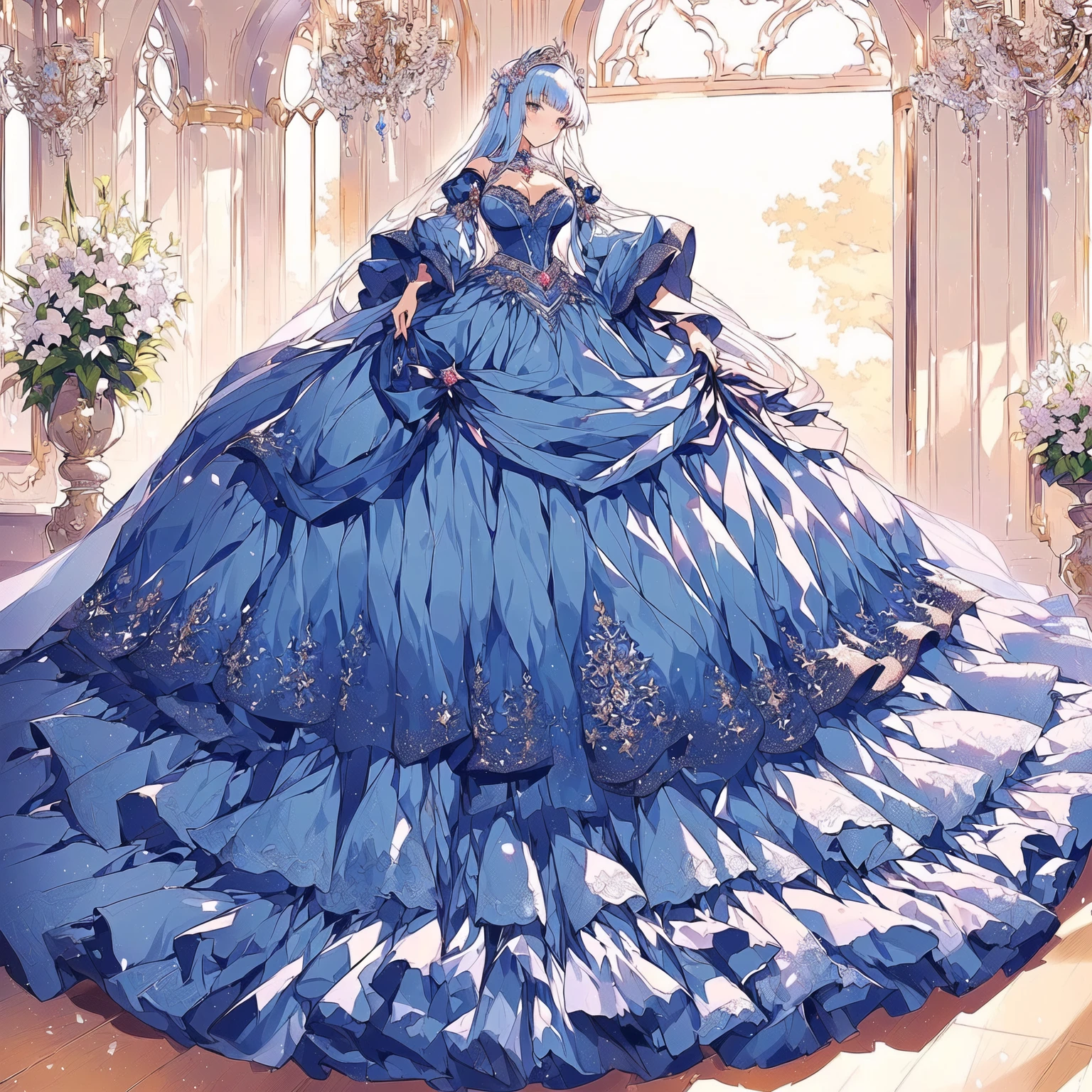 ((Anime cute art style)),(((digital))),Noble atmosphere,(masterpiece), (best quality), (Super detailed),illustration,(Very delicate and beautiful),Dynamic angle,looking at the audience,(((solitary))),((whole body)),(((1 Gorgeous and noble princess in wide skirt))),jewel eye,(Very long hair),Gorgeous embroidery and lace,transparent,gorgeous ruffles,(Huge breasts,Long Breasts),(Gorgeous ball gown with loose skirt),