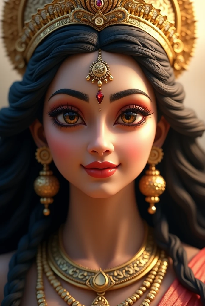 "Create an ultra-realistic close-up image of Goddess Durga's face, emphasizing her divine beauty and serene expression. Her skin should be flawlessly smooth with a luminous, radiant glow. Her features should be exquisitely delicate—large, expressive eyes that convey wisdom and compassion, a perfectly sculpted nose, and full, serene lips forming a gentle, confident smile. Her long, dark hair should be styled elegantly, with a portion cascading gracefully around her face.
She should be adorned with a richly designed golden crown, intricately detailed with precious gemstones and symbolic motifs. The background should be softly blurred, focusing on her divine visage, with a subtle, ethereal light that enhances her celestial beauty. The overall effect should capture the essence of Goddess Durga’s grace, power, and transcendent allure in an intensely realistic manner."