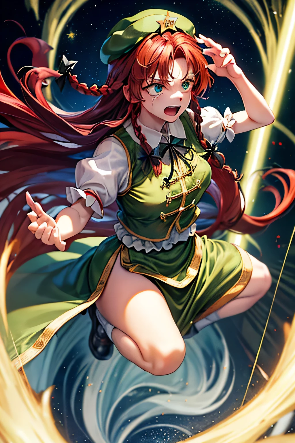 (masterpiece, top quality, best quality, beautiful and aesthetic:1.2), hong_meiling_touhou, braid, long_hair, red_hair, twin_braids, star_\(symbol\), hat, hat_ornament, star_hat_ornament, beret, smile, bow, bangs, blue_eyes, breasts, hair_bow, ribbon, green_headwear, green_eyes,full body, japanese architecture, surprised, :o, beam, laser, glaring body, open box, box, open mouth, jaw drop, wide-eyed, panicking, horrified, screaming, sobbing, traumatized, turn pale, wavy mouth, glowing, glow, outer glow