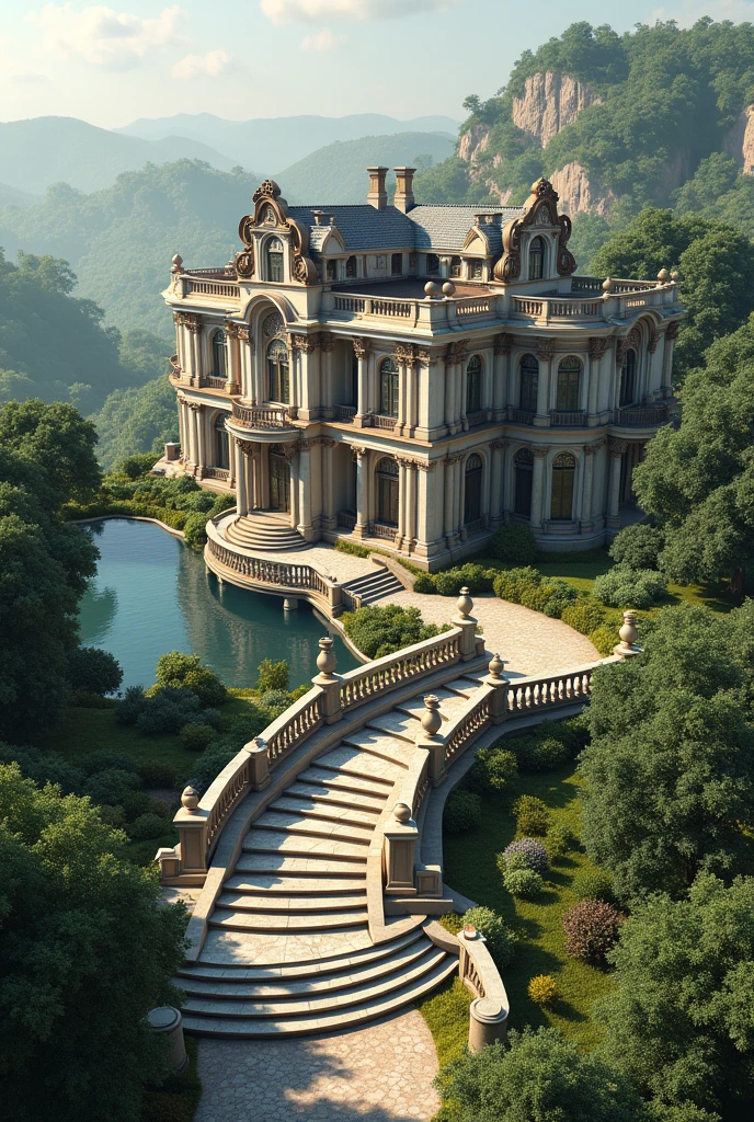 A beautiful house inside the scene is stair going went and beautiful fanos are