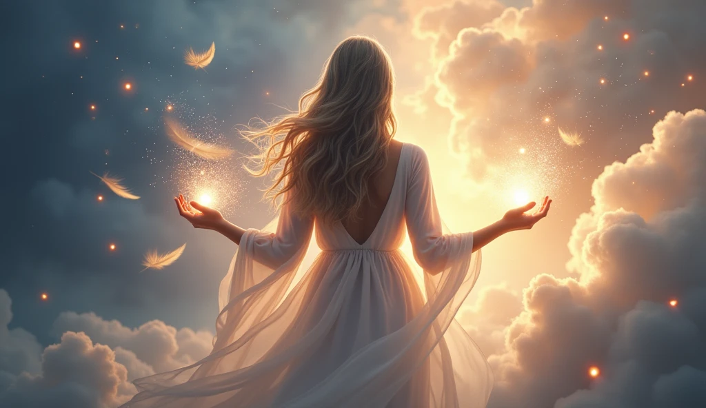 A mystical and ethereal scene featuring a long-haired woman gently releasing glowing orbs of light, symbolizing letting go on a spiritual journey. The woman appears serene and radiant, surrounded by a soft, mystical environment with floating feathers, light trails, and gentle clouds. The background is a blend of deep blues, purples, and golden hues, creating a sense of spiritual depth and transformation. The scene is bathed in a soft, glowing light, enhancing the feeling of serenity and spiritual elevation.
