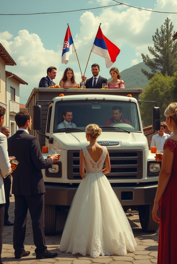 Bride and groom, sa desne strane kamion i u njemu muski vozac i pored unutra dvije zenske osobe. On the left, a man and a woman pouring brandy. Iza ono normalno neki random ljudi. And on the truck, the Croatian and Serbian flags stand next to each other on the hood. I da slika izgleda što više realisticno.