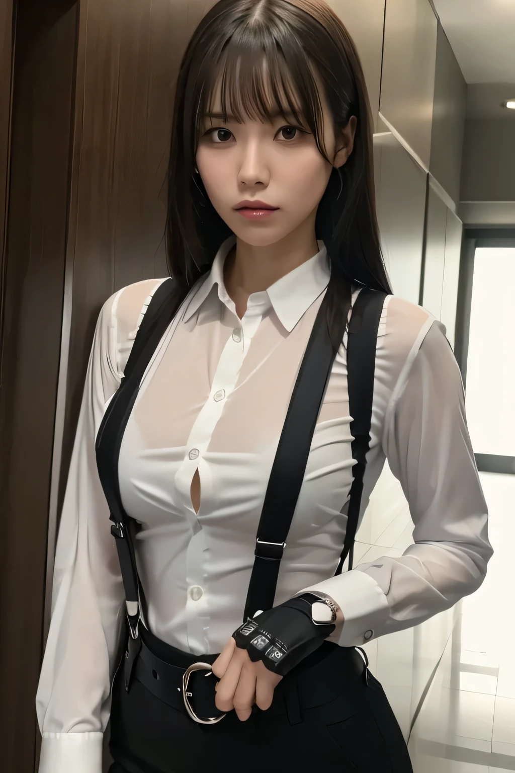 a woman in a suit, belt, hands behind back, sweating, suspenders, black pants, sexly, large breasts, see-through clothing, rain, detective, office worker, white button-up shirt, (best quality,4K,8k,highres,masterpiece:1.2),ultra-detailed,(realistic,photorealistic,photo-realistic:1.37),hyper-detailed,highly detailed face and body, Slender　thin　suspenders　Moderate breasts　See-through shirt　Nipples　holster　chain　Pistol　Armament　criminal　Female criminal　knife