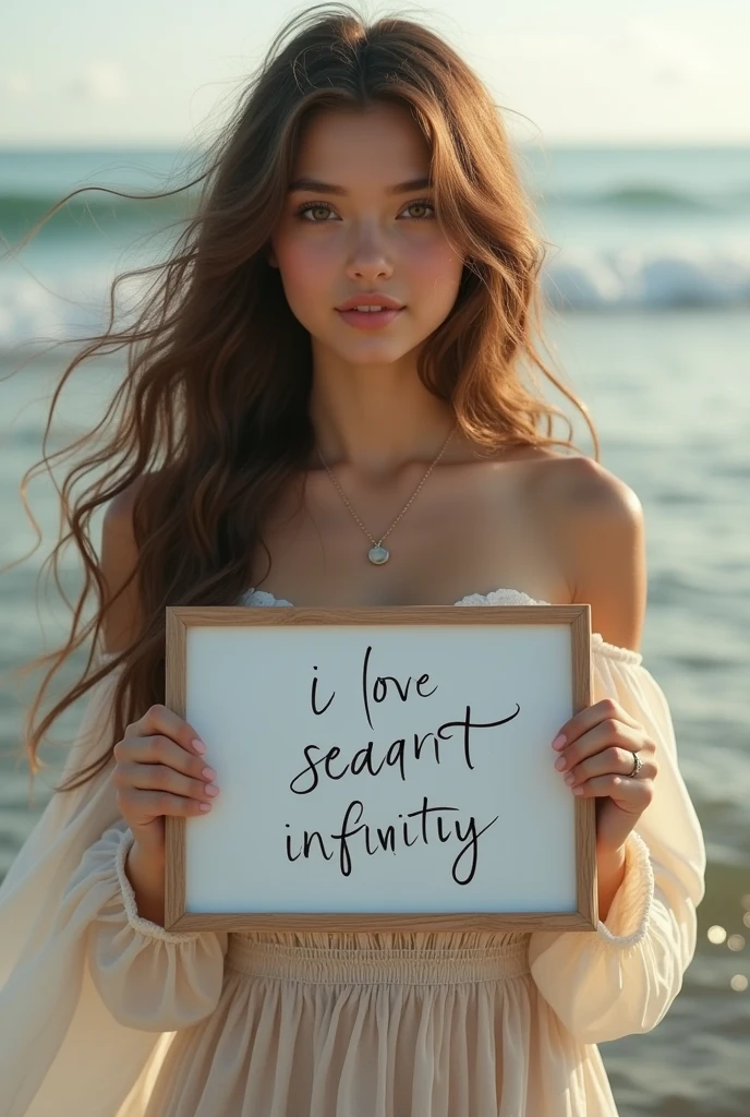 Beautiful girl with wavy long hair, bohemian dress, holding a white board with text "I Love Seaart Infinity" and showing it to the viewer