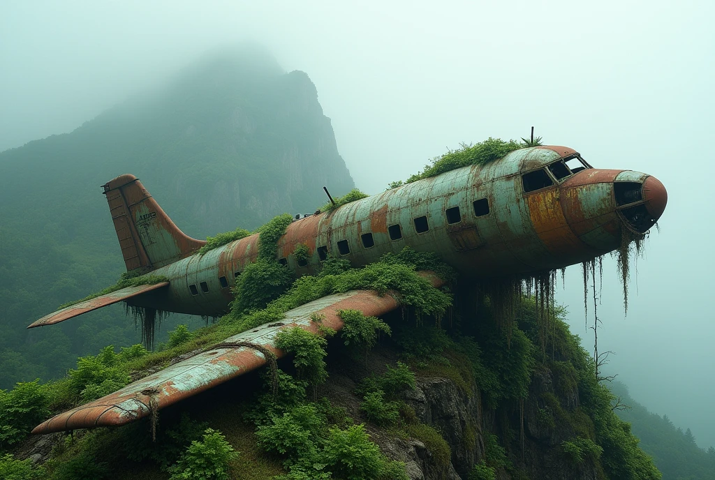 Rusty plane covered with vines on a mountain surrounded by fog