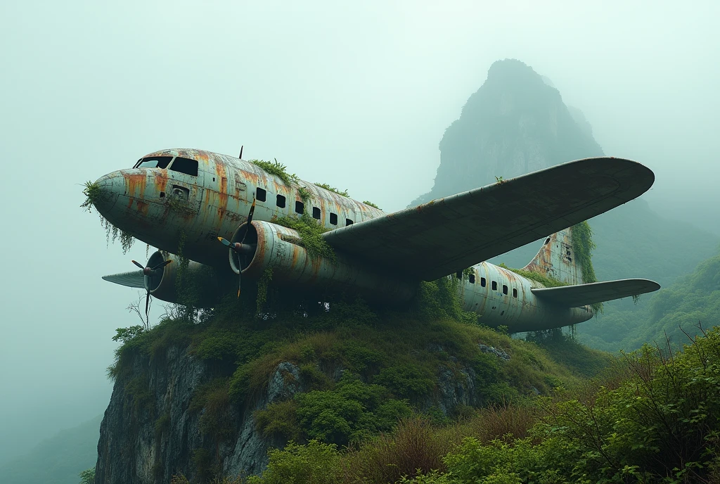 Rusty plane covered with vines on a mountain surrounded by fog