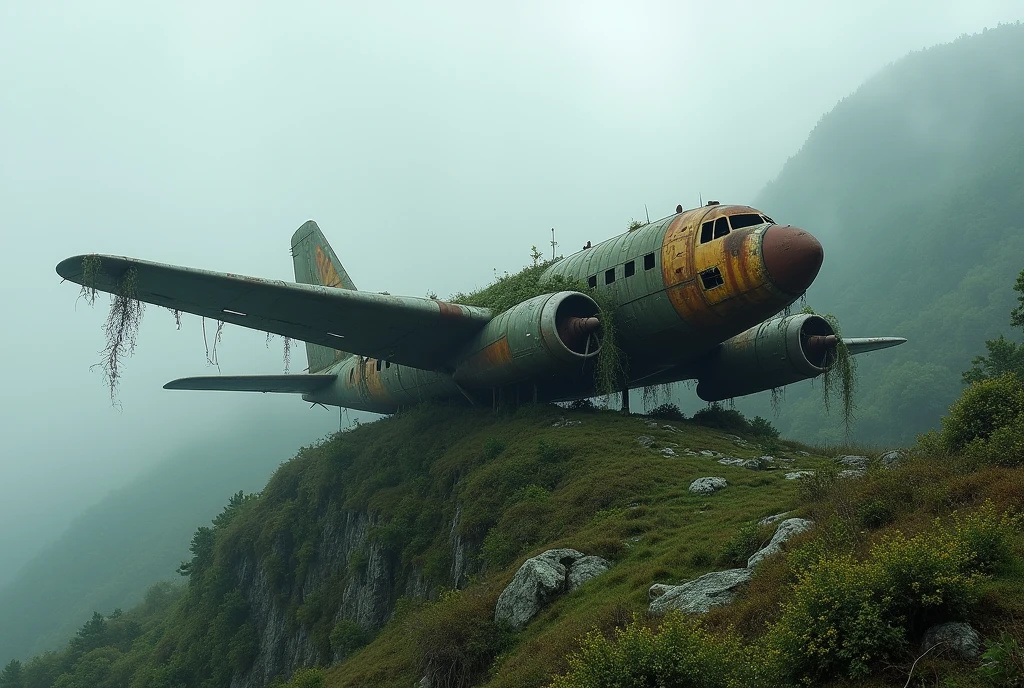 Rusty plane covered with vines on a mountain surrounded by fog