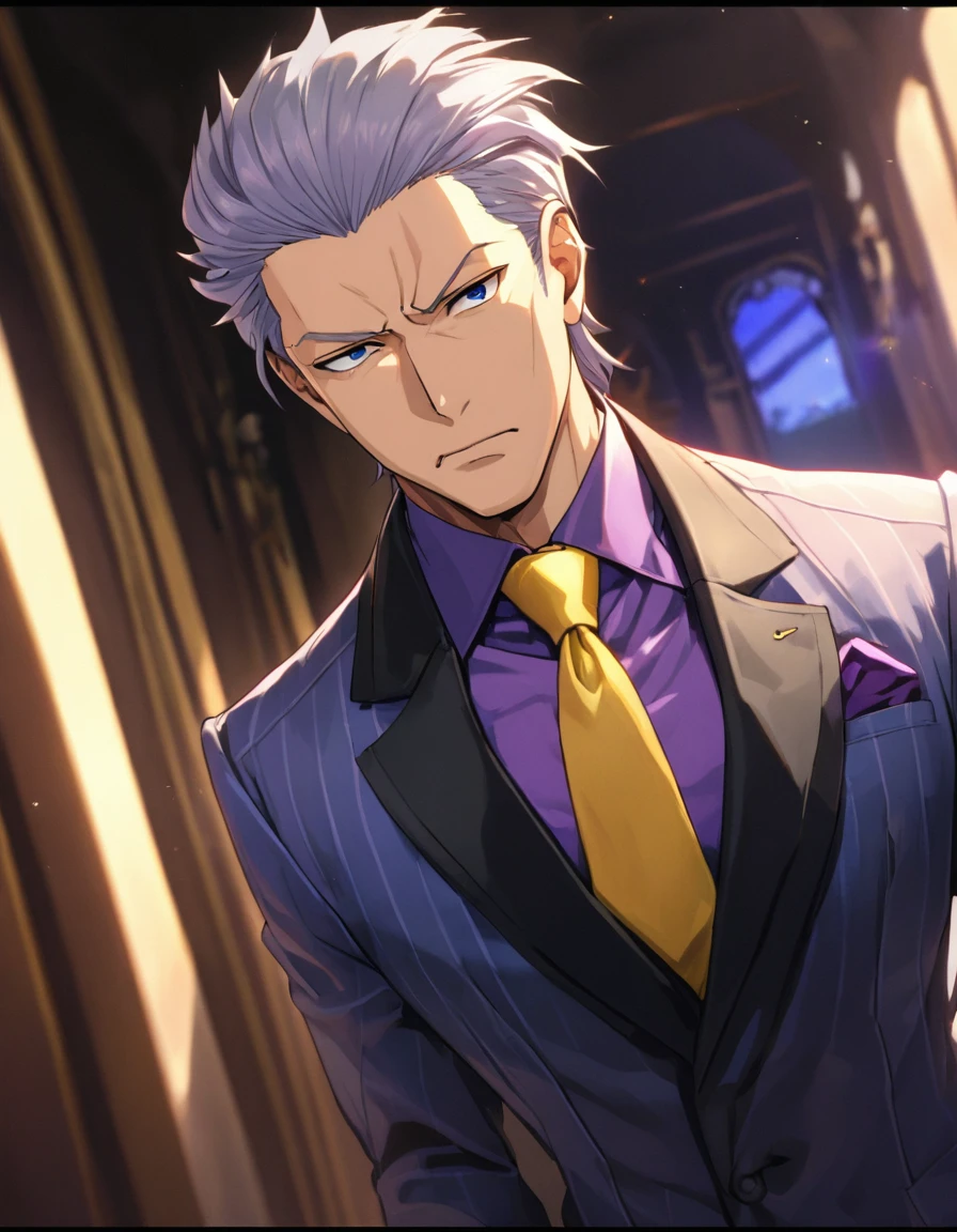  1man, solid mature male, masculine president, spiked slicked back, deepkhaki hair, darkblue eyes, businessman hairstyle, BREAK ideal ratio body proportions, bold face, toned japanese, dignified playboy, BREAK violet formal jacket, purplewhite shirt, yellow necktie, BREAK solo, cool emotion, romance, BREAK solo, upperlegs, stylish expression, visual novel, 2000s, in eroge style, in persona style, BREAK depth of field, dutch angle, cinematic shadows, cinematic lighting, lens flare, light leaks, texture, absurdres absolutely resolution, extreme all detailed, greatest painting, BREAK masterpiece, best quality