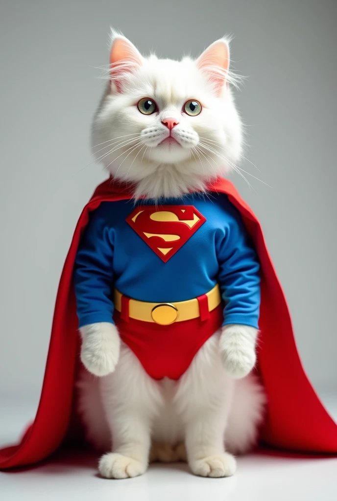 White cat on superman costume
