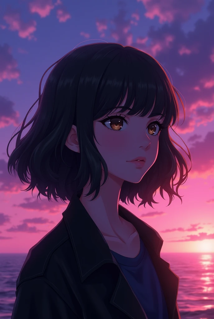 A girl with a haircut "layered bob" which is a bob with layers without bangs The hair should be a little below the shoulders, with layers that add movement and volume. wavy hair" con short negro, A black jacket half-pulled over his shoulders, looking at the purple sunset, with brown eyes and a slightly larger forehead 
