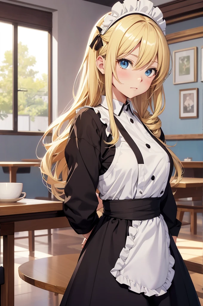 hd, Anime girl, clean and meticulous anime art, blonde hair, drill hair, himedere, ojou-sama, cocky, princess, beautiful anime art style, cute anime girl portrait, light blue eyes, lovely art style, Soft anime illustration, waitress, maid, thin waist, apron, long hair, upper body, standing, café, interior