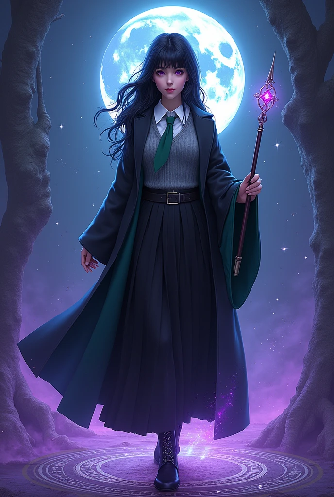 magic magic school。Snake House Student。White blouse。Green tie。Grey sweater with green V-line。Black long pleated skirt。Black lace-up boots。Black robe with green lining。Purple jeweled wand。Ebony。Black Hair。Richly wavy long hair。bangs。Magical purple eyes。Mysterious beautiful girl。Smiling graciously。Beauty like a goddess of beauty。Superlative good looks。Gorgeous。vivid。Glossy。beautiful。Powerful magic。Ancient magic。Rune magic。Veil of Light。Purple light。A complex and detailed magic circle at my feet.。Runes floating in the sky。blue Moon。