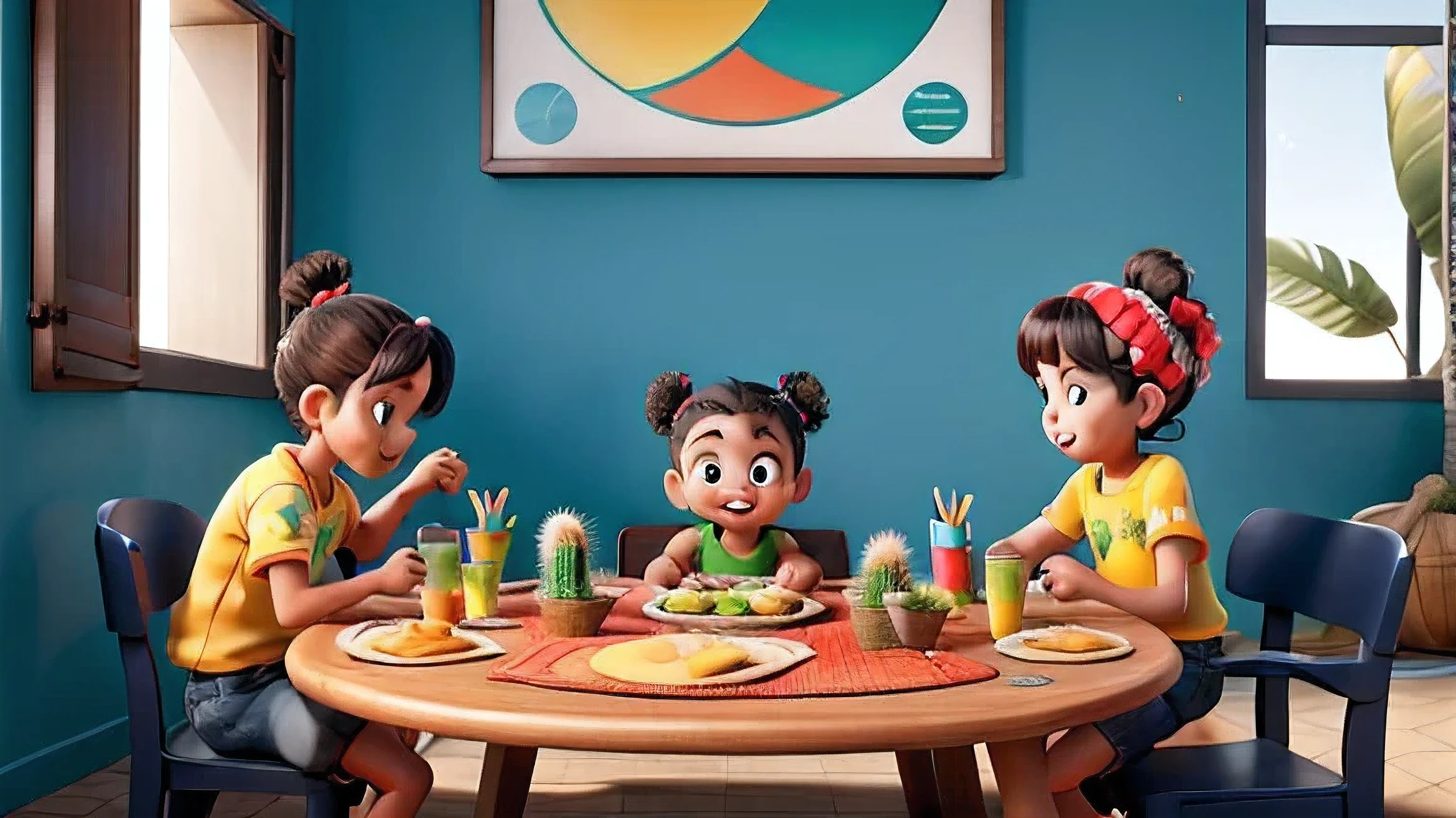 Design a playful and culturally rich placemat for children, beach scenary with banana trees, inspired by the vibrant culture of Northeastern Brazil. The placemat should include three empty spaces, with the surrounding design incorporating elements like traditional houses, kids playing outside, the iconic cactus, and the lively colors of a typical brazilian northeastern. The overall aesthetic should be minimalistic yet engaging, capturing the essence of the Northeastern Brazilian culture while being suitable for young children