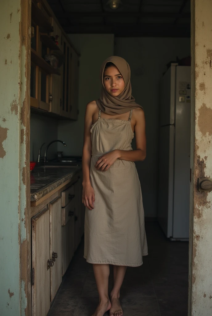 a malay girl, wearing a hijab, in the kitchen of a bad and poor wooden house, the girl is cute hot, the girl wears an apron but is naked