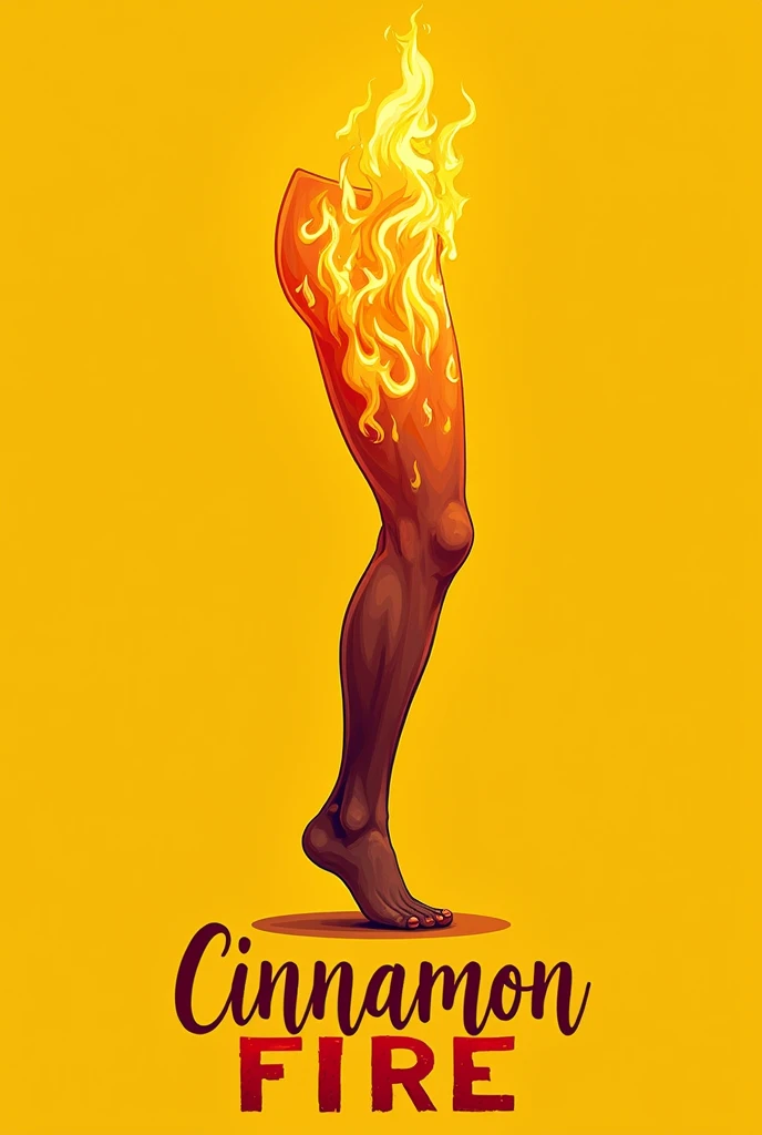 Make a written logo "cinnamon fire" with shades of yellow, a human leg with fire, a yellow background for a scavenger hunt 