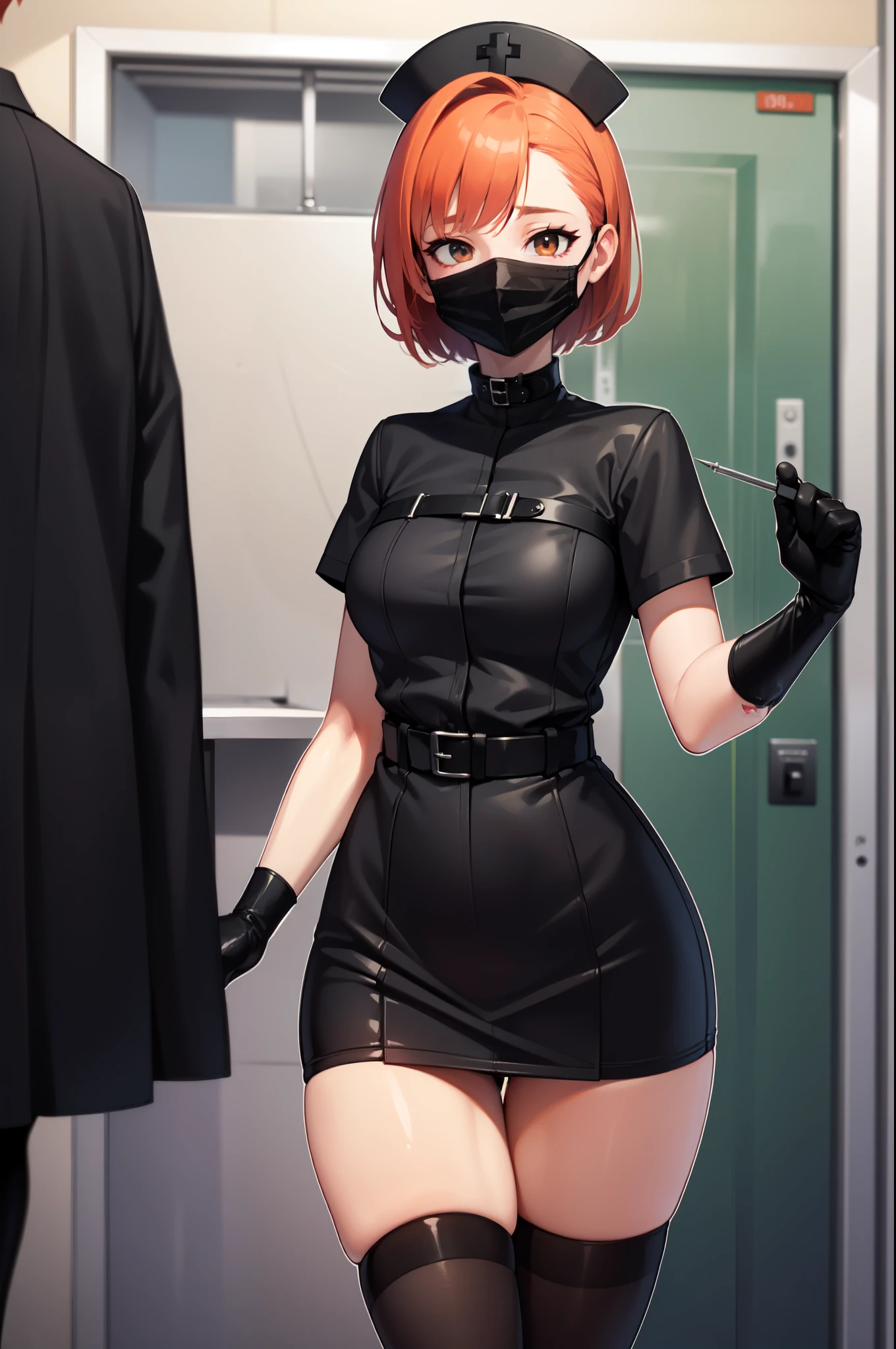 black nurse, 1girl, solo, black nurse cap, black nurse uniform, ((black legwear, zettai ryouiki)), black elbow gloves, very short hair, orange hair, ((black surgical mask, covered nose)), standing, ((surgery room)), sharp outline, short sleeves, tomboy, boyish, best quality, masterpiece
