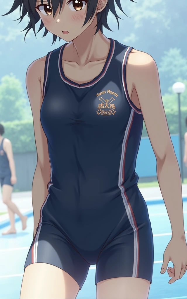 junior high school,Black Hair,Navy blue school swimsuit and leggings,Sweat,Small breasts,Low length