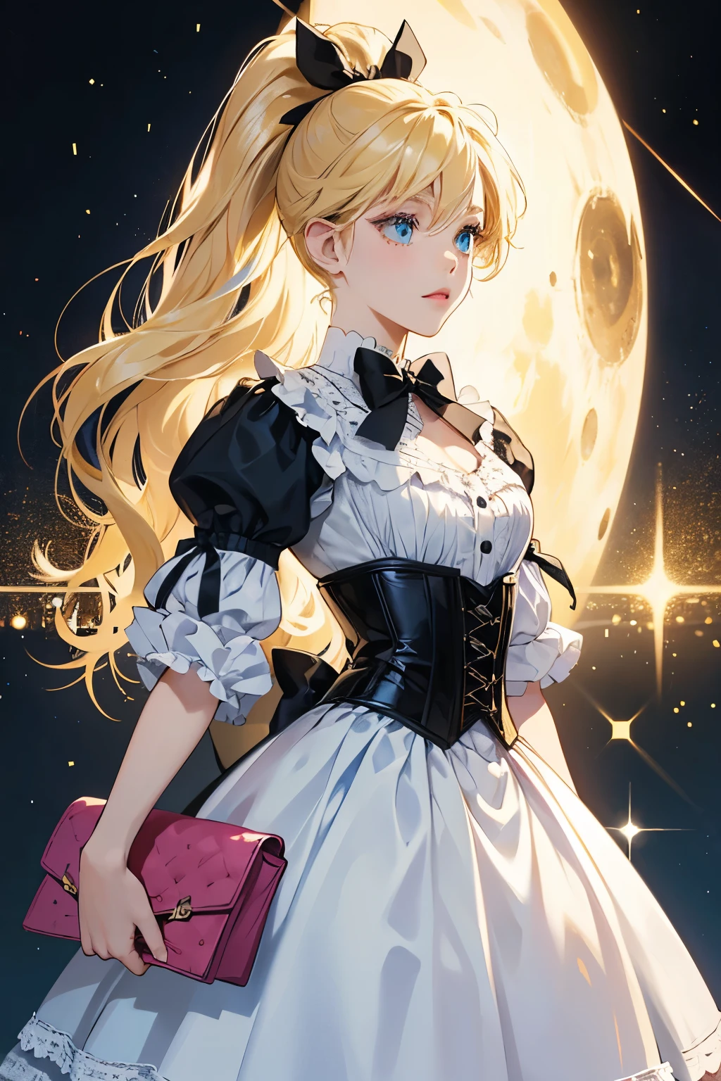 Starlette has a medium skin-tone and blue eyes.
Her hair is black with blonde fronts with pops of yellow, pink, and blue in the back and is styled into a ponytail and accessorized with a white and black polka dot bow that can be flipped to become a red one.
Her Wizard of Oz look includes a white dress with lots of lace and a drawn on corset, a purse inspired by clapperboards used in filmmaking, and semitransparent heels with a black bow. . SPARKLE; GLITTER