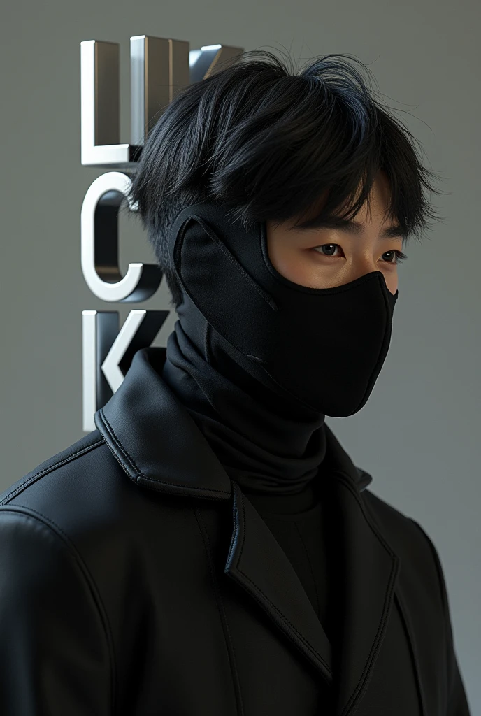 1 man in total black uniform with black balaclava and cap, dynamic pose