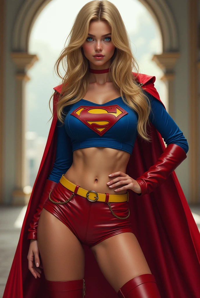 A SEXY BUSTY BLONDE TEEN FEMALE WITH BLUE EYES WEARING A 1970 SPLIT OPEN V BUTTONLESS FULL LENGTH BLUE V BLOUSE TOP WITH A "S" EMBLEM ON THE RIGHT SIDE OF HER CHEST, A PAIR OF RED LEATHER SHORTS WITH A YELLOW SUPERMAN BELT, TALL RED HEELED BOOTS, AND A LONG FLOWING RED CAPE. PHOTO REALISTIC, HYPER DETAILED AND TEXTURED.
Estimated Cost : 24