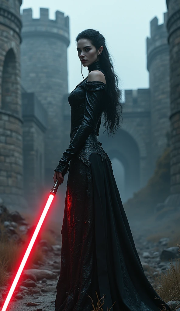 detailed dark elf woman, long elegant with a lightsaber medieval castle grounds, moody dramatic lighting, fantasy concept art, deep saturated colors, highly detailed, cinematic composition, photorealistic, 8k, (best quality,4k,8k,highres,masterpiece:1.2),ultra-detailed,(realistic,photorealistic,photo-realistic:1.37)