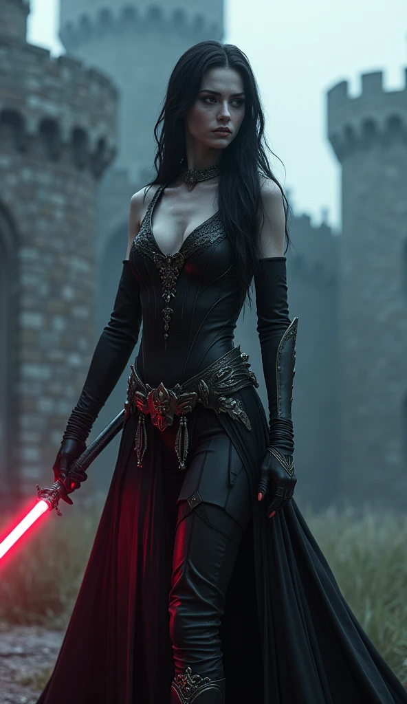 detailed dark elf woman, long elegant with a lightsaber medieval castle grounds, moody dramatic lighting, fantasy concept art, deep saturated colors, highly detailed, cinematic composition, photorealistic, 8k, (best quality,4k,8k,highres,masterpiece:1.2),ultra-detailed,(realistic,photorealistic,photo-realistic:1.37)