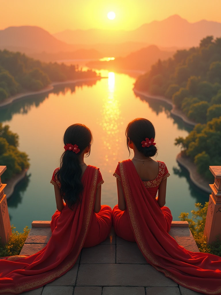 There is a 2 Indian girl she is wearing a red saree and she is sitting on a high house and she is looking at the sun sloping because it is evening time and she is a big pond under anime style