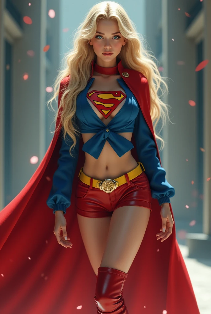 A SEXY BUSTY BLONDE TEEN FEMALE WITH BLUE EYES WEARING A 1970 SPLIT OPEN V BUTTONLESS FULL LENGTH BLUE V BLOUSE TOP WITH A "S" EMBLEM ON THE RIGHT SIDE OF HER CHEST, A PAIR OF RED LEATHER SHORTS WITH A YELLOW SUPERMAN BELT, TALL RED HEELED BOOTS, AND A LONG FLOWING RED CAPE. PHOTO REALISTIC, HYPER DETAILED AND TEXTURED.
Estimated Cost : 24
