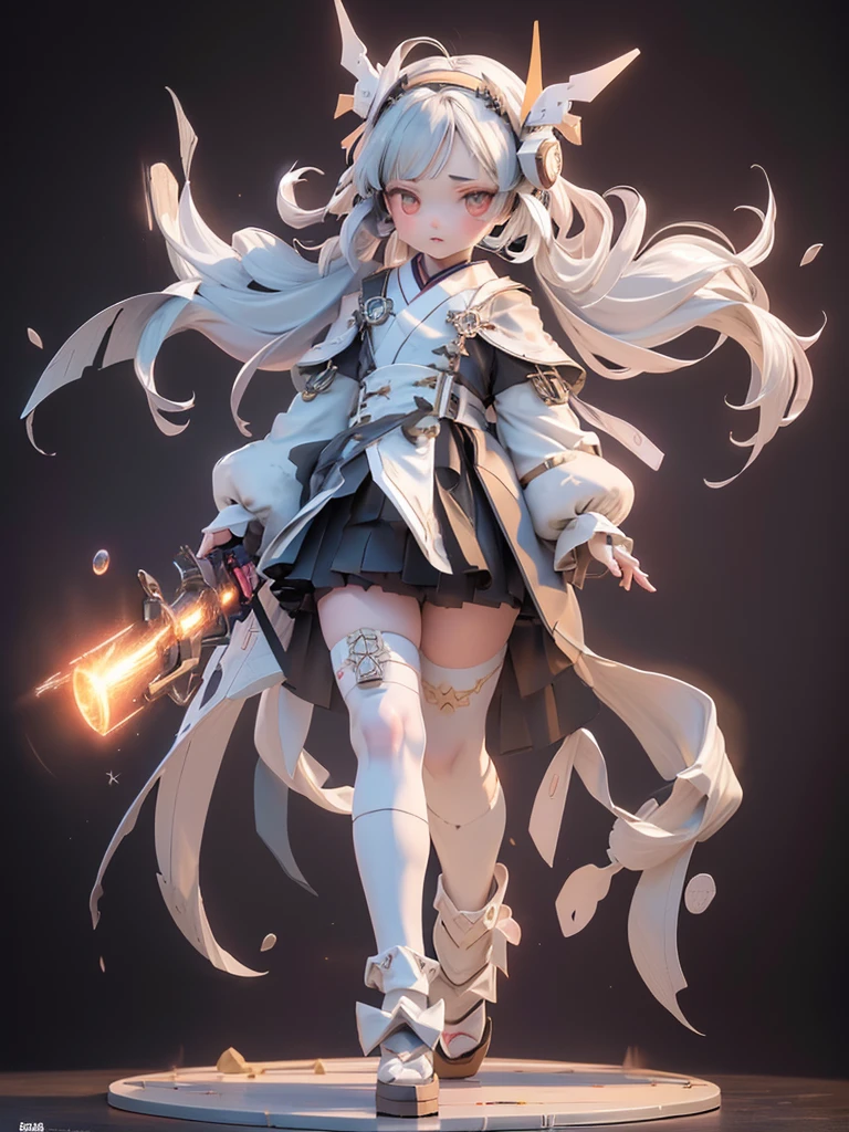 (highest quality)), ((masterpiece)), (very detailed: 1.3), 3d, {(japanese young girl)}, japanese girl wear gothic lolita clothes with white frills, (She is fused with futuristic Gundam mecha:1.2), with headgear, with v-fin , armored shoulders,armored under arms, armored under legs, multilayer textureperfect proportions, octane rendering, duotone lighting, Low ISO, wide aperture, White balance, Rule of thirds, ultra HD16k, HDR (High Dynamic Range), Ray Tracing, nvidia RTX, Super Resolution, Subsurface Scattering, PBR Texturing, Post Processing, Anisotropic Filtering, Depth of Field, Maximum Clarity and Clarity, High efficiency subpixel, subpixel convolution, particles of light, light scattered, Tyndall effect, full body:1.5, battle pose, cute, (cute:1.2), (bob cut:1.3),Braid, Black Hair, Thick eyebrows, Light-colored irises, Big, bright black eyes, Long eyelashes, Small, light-colored, natural lips, (Average face of Japanese idols), (The uniquely Japanese childlike face:1.3), (baby face), Wide forehead:1.2, Plump Cheeks, Small jaw, visible side boob, (holding a huge weapon:1.5), in the hangar,looking at viewer,Focus on the eyes , (Four perfect fingers, One thumb),