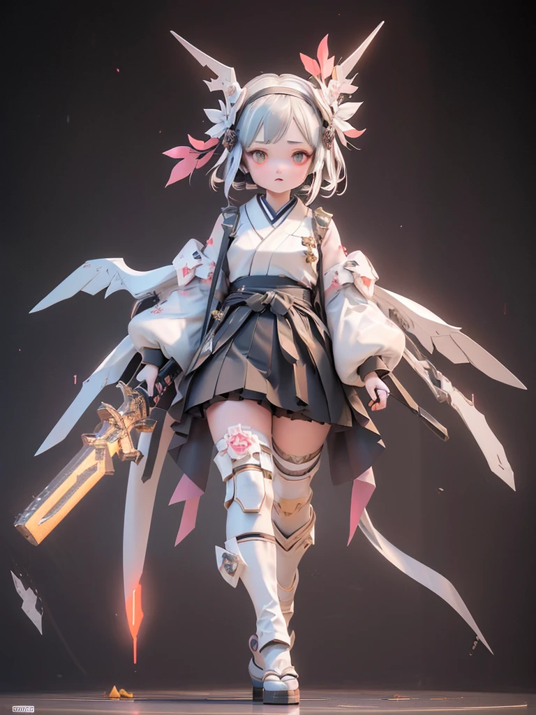 (highest quality)), ((masterpiece)), (very detailed: 1.3), 3D, {(japanese young girl)}, japanese girl wear gothic lolita clothes with white frills, (She is fused with futuristic Gundam mecha:1.2), with headgear, with v-fin , armored shoulders,armored under arms, armored under legs, multilayer textureperfect proportions, octane rendering, duotone lighting, Low ISO, wide aperture, White balance, Rule of thirds, ultra HD16k, HDR (High Dynamic Range), Ray Tracing, NVIDIA RTX, Super Resolution, Subsurface Scattering, PBR Texturing, Post Processing, Anisotropic Filtering, Depth of Field, Maximum Clarity and Clarity, High efficiency subpixel, subpixel convolution, particles of light, light scattered, Tyndall effect, full body:1.5, battle pose, cute, (cute:1.2), (bob cut:1.3),三つ編み, 黒髪, 太い眉毛, 薄い色の虹彩, 大きくて輝いている黒い瞳, 長いまつげ, 小さく薄い色の自然な唇, (Average face of Japanese idols), (日本人特有の童顔:1.3), (baby face), 広いおでこ:1.2, ふっくらした頬, 小さな顎, visible side boob, (holding a huge weapon:1.5), in the hangar,looking at viewer,Focus on the eyes , (完璧な4本の指, 親指1本),