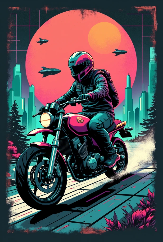 "A retro t-shirt design featuring an 80s motorbike shopper driving through a futuristic landscape. The design uses neon colors like pink, Green and teal, with a grid background and a worn texture."