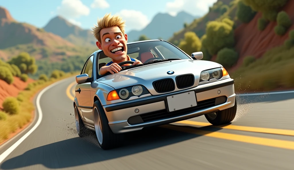 Im Stil von Pixar 3D-Animation filmen (Caricature). A silver BMW E46 Compact skids through a curve and runs over a person with its rear end. At the steer sits a crazy and manic looking man with short blond hair.