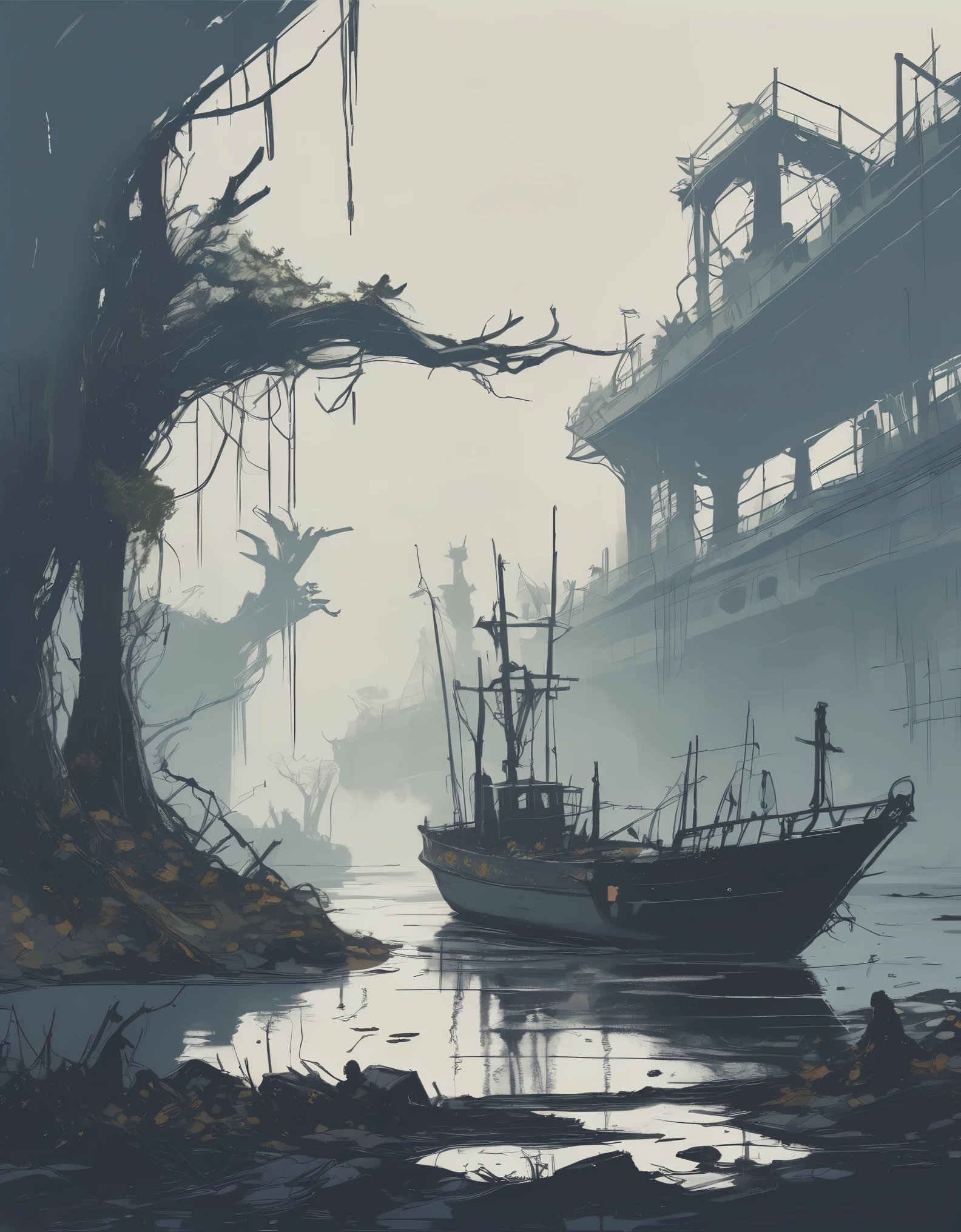 sketch, A hauntingly beautiful dystopian boatyard, overgrown with vines and moss, where a group of deer roam freely among the rusted shipwrecks, surrounded by intricately detailed trees with glowing leaves, in the style of Jacub Rozalski and Alex Andreev, with a mix of dark and moody colors, industrial elements, and a sense of post-apocalyptic mystery
 