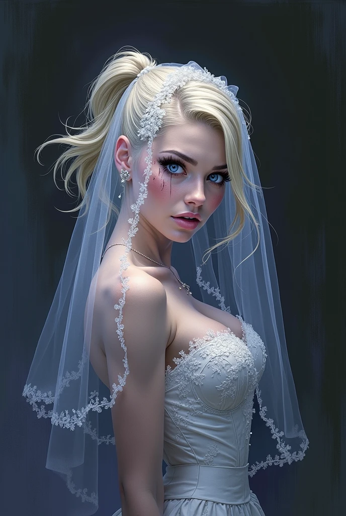 marvel comic, spy girl. beautiful with blue eyes. with blonde ponytail hair, she’s wears a short wedding dress, and has a crown vail, dressed as a bride, and her eyes are stained with dry makeup mascara tears.  
full body