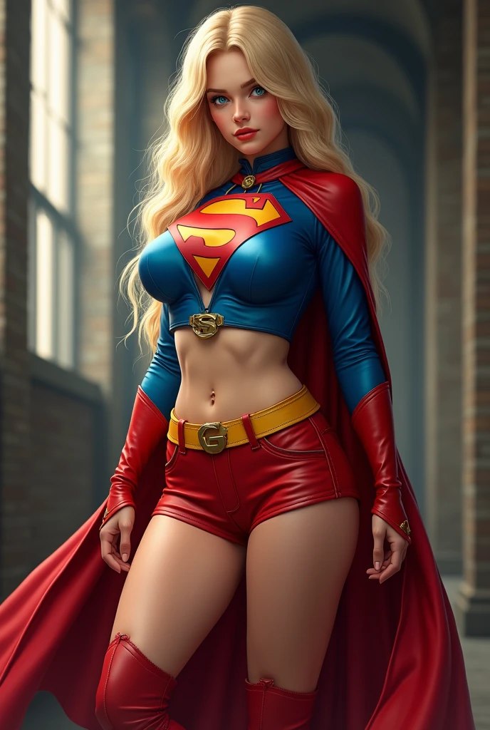 A SEXY BUSTY BLONDE TEEN FEMALE WITH BLUE EYES WEARING A 1970 SPLIT OPEN V BUTTONLESS FULL LENGTH BLUE V BLOUSE TOP WITH A "S" EMBLEM ON THE RIGHT SIDE OF HER CHEST, A PAIR OF RED LEATHER SHORTS WITH A YELLOW SUPERMAN BELT, TALL RED HEELED BOOTS, AND A LONG FLOWING RED CAPE. PHOTO REALISTIC, HYPER DETAILED AND TEXTURED.
Estimated Cost : 24