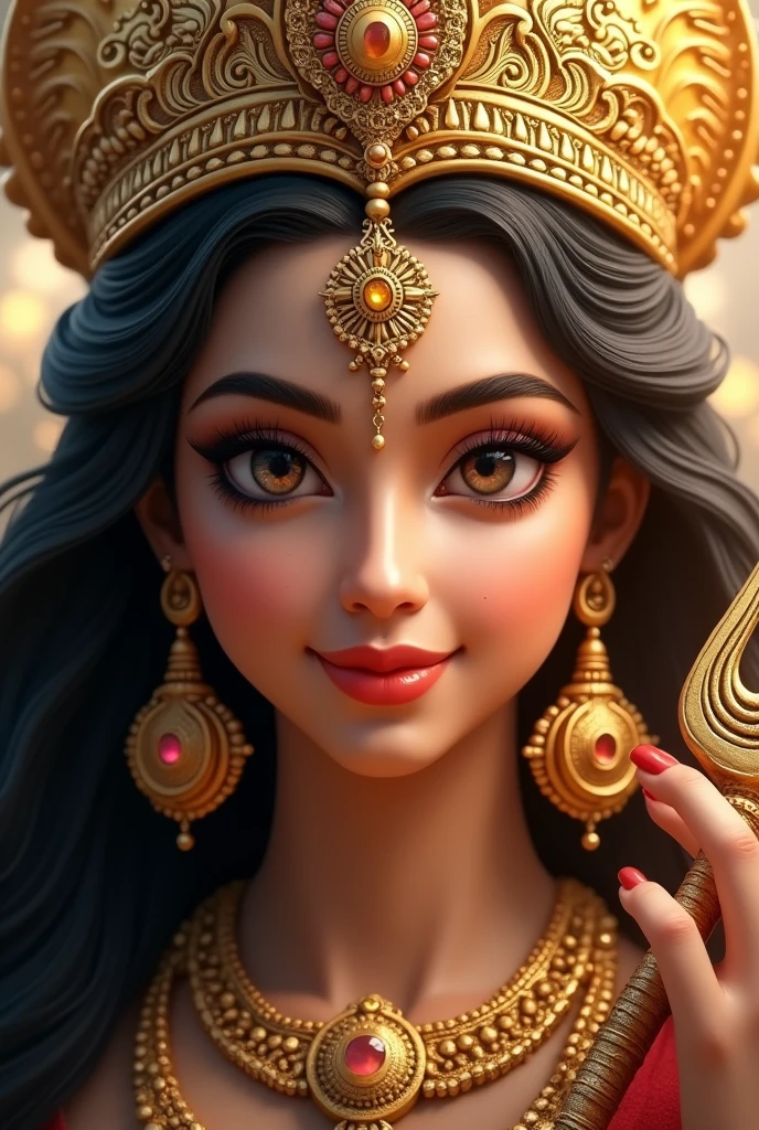 "Generate an ultra-realistic close-up image of Goddess Durga, showcasing her extreme beauty and divine elegance. Her face should be impeccably beautiful, with smooth, radiant skin and a serene, yet powerful expression. Her large, expressive eyes should convey wisdom and compassion, framed by well-defined, graceful features. Her lips should be full and slightly curved in a confident, serene smile.
Her hair should be long, flowing, and jet-black, styled elegantly around her face. She should be adorned with an intricately designed, ornate golden crown, embellished with precious gems and detailed motifs that highlight her divine status. In one of her hands, she should hold a large, beautifully designed trident, featuring elaborate carvings and shimmering with divine light. The trident should be grand, with ornate detailing that reflects its significance and power.
The background should be softly blurred with a celestial glow, focusing on her exquisite visage and the majestic trident. The image should exude an aura of divine strength, grace, and beauty, capturing the supreme essence of Goddess Durga in a highly realistic and detailed manner."