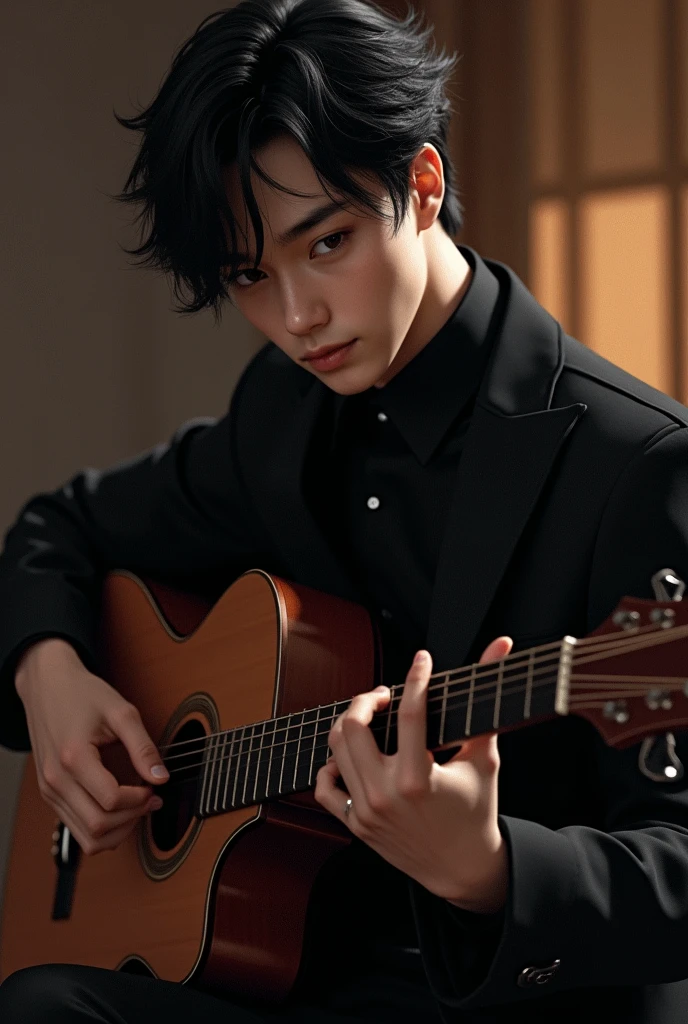 Make a handsome boy with black hair and a black suit playing a guitar 