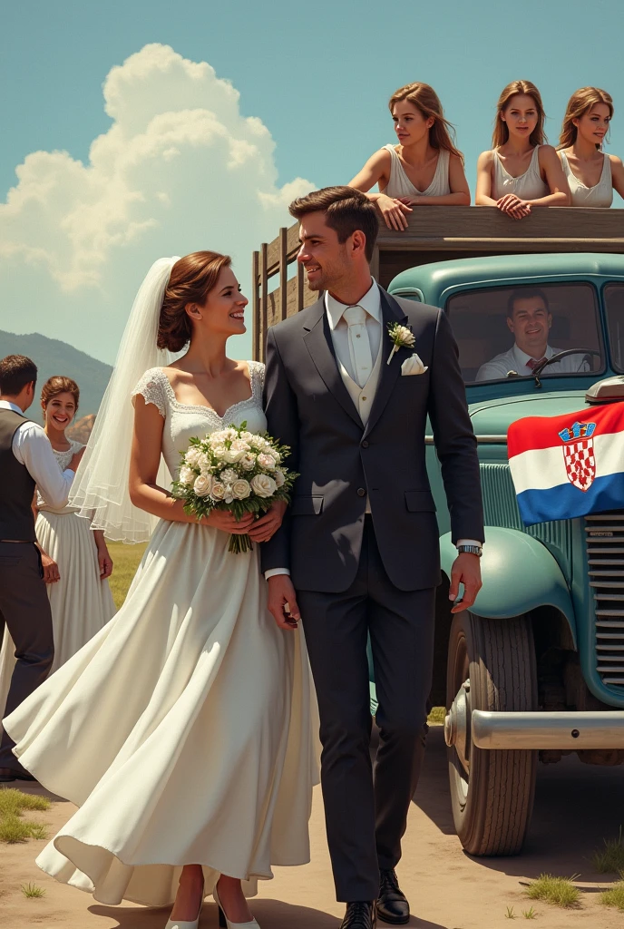 Bride and groom, sa desne strane kamion i u njemu muski vozac i pored unutra dvije zenske osobe.
 On the left, a man and a woman pouring brandy. Behind the normal, some random people. And on the truck, the Croatian and Serbian flags stand next to each other on the hood. 
I da slika izgleda što više realisticno.