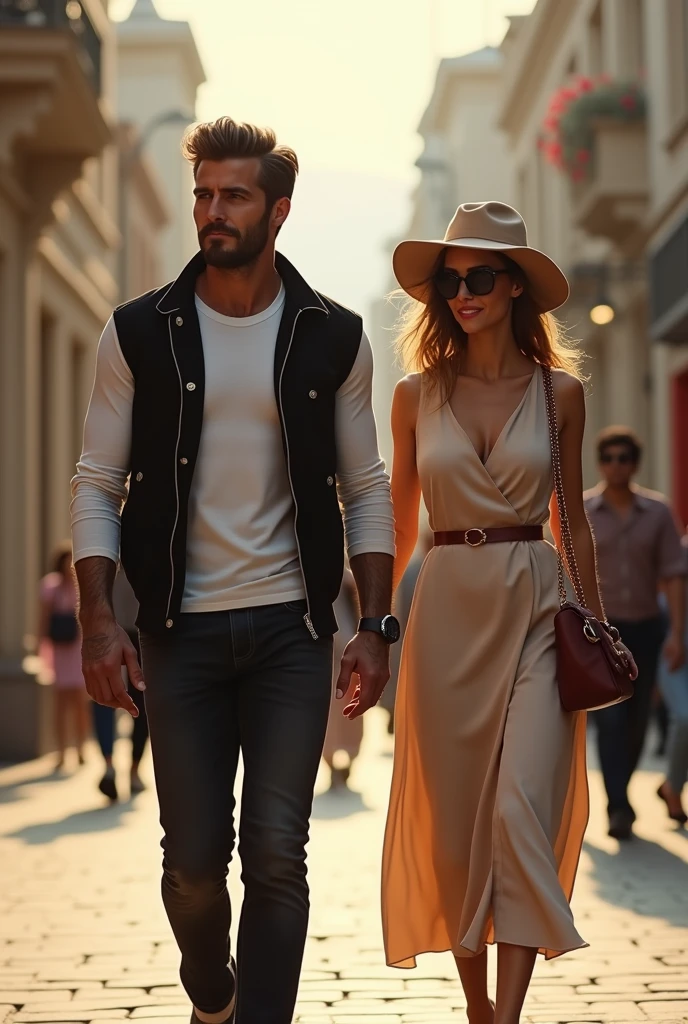 (photorealism:1.2), beautiful man, walking on the street, wearing black jeans jackeet no sleeve , white t-shirt with long sleeve, hairstyle like David Beckham in 2016, no tattoos, outdoors, soft lighting, street of Tbilisi background, sunlight weather, relaxed pose, realistic, intricate details, warm colors, by Greg Rutkowski, by Alphonse Mucha. рядом с парнем девушка модельной внешности, 27 лет на каблуках, в платье, солнечных очках, шляпа на голове, девушка улыбается