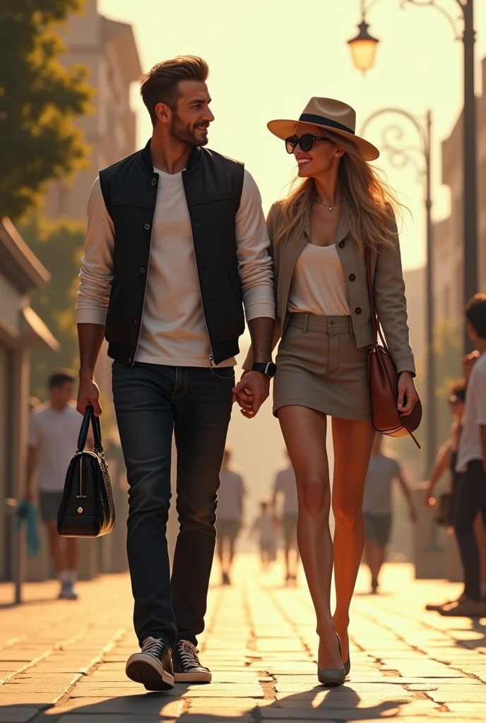 (photorealism:1.2), beautiful man, walking on the street, wearing black jeans jackeet no sleeve , white t-shirt with long sleeve, hairstyle like David Beckham in 2016, no tattoos, outdoors, soft lighting, street of Tbilisi background, sunlight weather, relaxed pose, realistic, intricate details, warm colors, by Greg Rutkowski, by Alphonse Mucha. рядом с парнем девушка модельной внешности, 27 лет на каблуках, в платье, солнечных очках, шляпа на голове, девушка улыбается