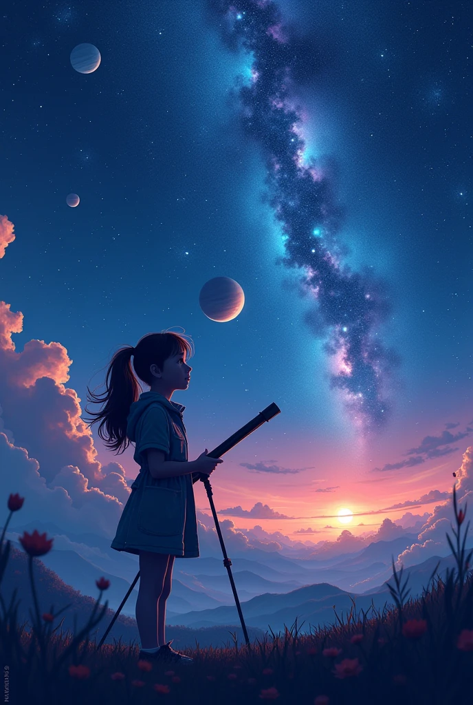 Expansive landscape photograph, (view from below with a view of the sky and the wilderness below), little girl standing in a flower field looking up, (full moon: 1.2), (shooting star: 0.9), (nebula: 1.3), distant mountain, tree break production art, (warm light source: 1.2), (firefly: 1.2), lamp, purple and orange, intricate detail, volume lighting BREAK (masterpiece: 1.2), (highest quality ), 4k, ultra-detailed, (dynamic configuration: 1.4), highly detailed and colorful details (iridescent: 1.2), (sparkling lighting, atmospheric lighting), dreamy, magical, (solo: 1.2)