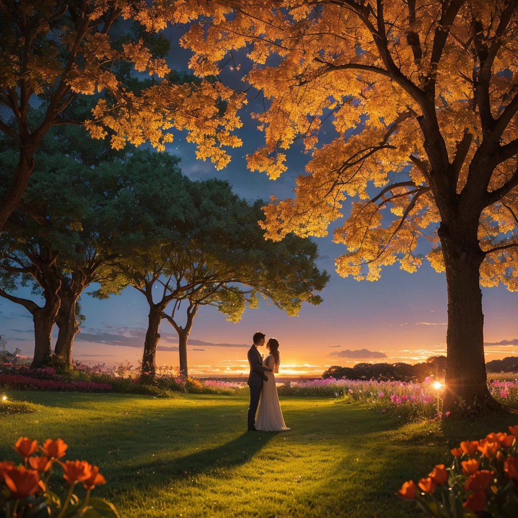 The image is a beautiful, digitally illustrated scene featuring two people standing under a large, lush tree with a heart-shaped canopy. The sky is awash with vibrant colors of a sunset, blending warm oranges, pinks, and purples, giving the scene a dreamy, serene atmosphere. The ground is covered in a meadow of colorful flowers, with small glowing lights scattered throughout the scene, resembling fireflies or magical sparks. The two figures, a man and a woman, are gazing into the distance, evoking a sense of wonder and tranquility. The overall vibe is peaceful, romantic, and slightly surreal, capturing a moment of quiet connection between the two characters in a stunning natural setting.