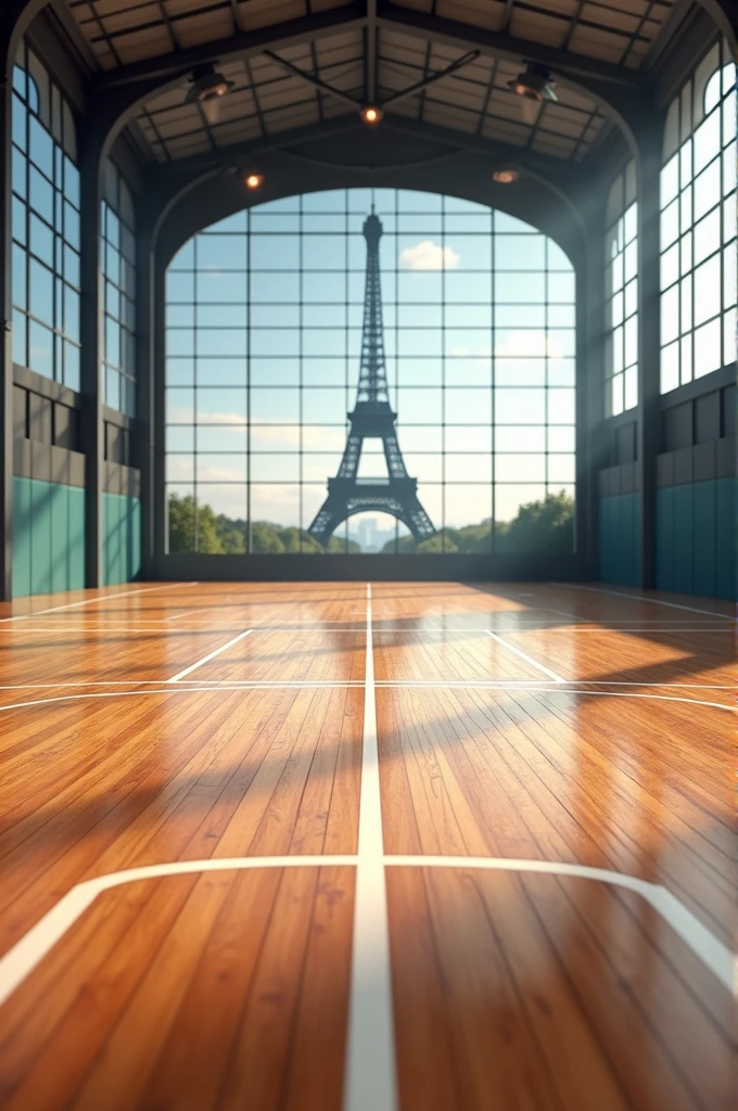 Make a background of a gym court showing the floor of the image and put an Eiffel Tower behind the image