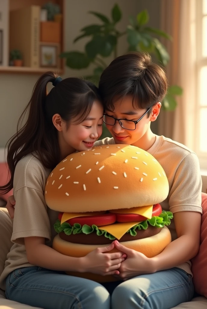 some parents both hugging a stuffed animal in the shape of a hamburger