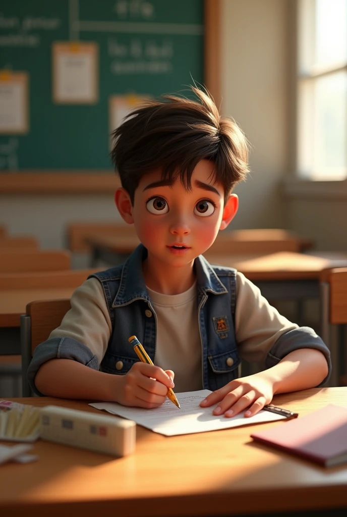 Some
boy writing note in bench in classroom