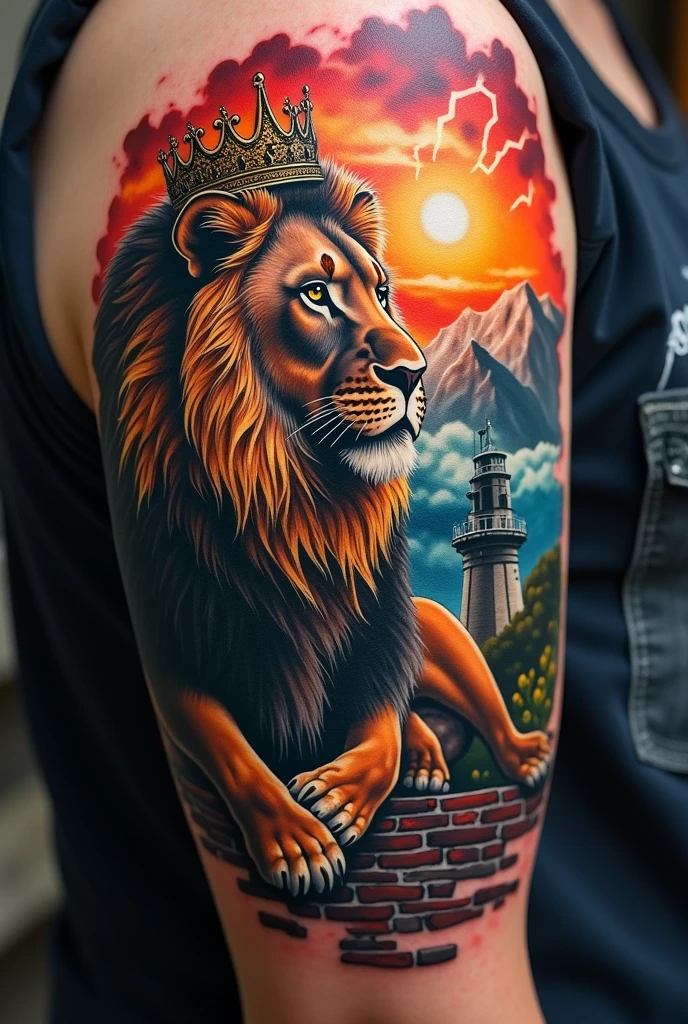 Name Daniel Reigadas Leon.Tattoo of a lion with a crown, bricks and incredible colors in real 4k quality tattoo,a lighthouse in the background and the mountain, sunny and rainy,Storm,good heavens,thunders,cyberpunk.