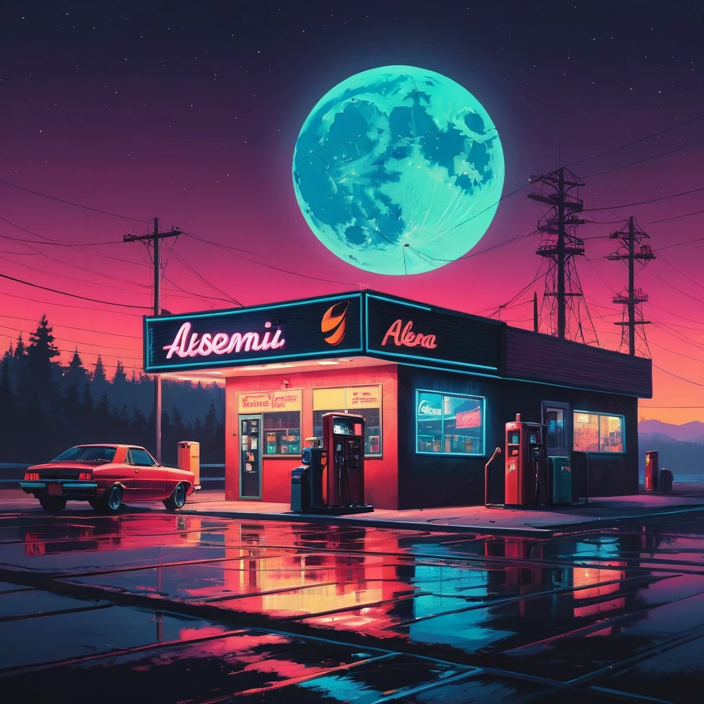 a painting of a posto de gasolina with a neon sign and a full moon, por Alena Aenami, art of Alena Aenami, Apenas Bartel, style of Alena Aenami, inspired por Alena Aenami, posto de gasolina, lo-fi illustration style, e Mumford. octane rendering, gasoline aesthetic, illustration style, artistic. Alena Aenami
